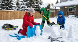 Kids playing with durable snow-mold toys in a snowy backyard, perfect winter birthday toys for kids in the Canadian climate.