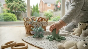 Illustration of a teething toy clipped to a stroller, perfect for active Canadian families searching for the best teething toys for travel.