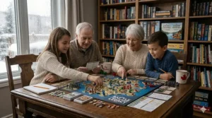 Illustration of a compact, travel-friendly board game being played in a camper van during a Canadian road trip.