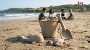 Vibrant sand buckets and shovels made from recycled ocean plastic, perfect for a summer day at a Canadian beach.