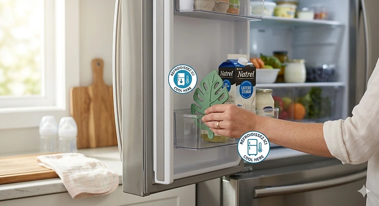 A happy Canadian baby using a chilled silicone refrigerator teether in a modern Vancouver-style sunlit kitchen.