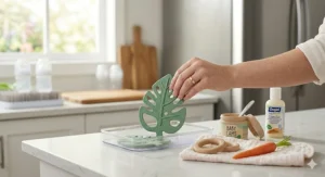 Illustration showing the "fridge-only" cooling method for refrigerator teethers to ensure baby safety.