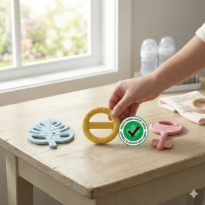 Hand-drawn graphic of a chilled refrigerator teether as a safe, BPA-free alternative for Canadian infants.