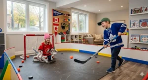 Children playing with a mini hockey set indoors, highlighting popular sports-themed birthday toys for kids in Canada.