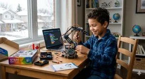 A joyful young Canadian boy intently assembling a detailed, programmable robot kit at a sunlit wooden desk with a snowy window view.
