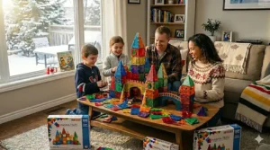 Close-up of geometric shapes from Magna-Tiles sets used to teach 3D modeling in a Canadian elementary school.