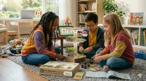 A colorful illustration of a home chemistry set for kids, categorized as engaging STEM toys under $100 for Canadian students.