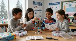 Educational graphic showing chemistry sets for kids as part of STEM and STIM (Science, Technologie, Ingénierie, et Mathématiques) learning in Canada.