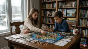 Older children and parents engaged in a complex strategy board game on a rainy afternoon.