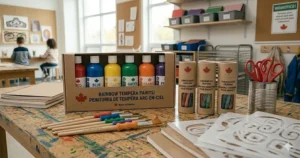 Illustration of sustainable art supplies for kids featuring a "Made in Canada" maple leaf logo and recycled materials.