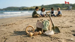 Minimalist bamboo rattles and teethers, showcasing non-toxic and biodegradable eco-friendly toys for infants.