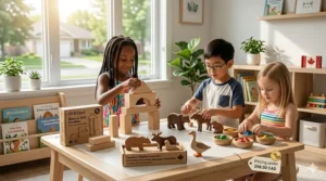 Minimalist illustration of recycled plastic and sustainably sourced wooden toys under $100, popular with eco-conscious Canadian parents.
