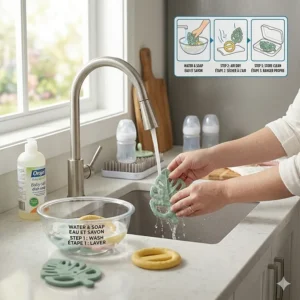 Infographic illustration showing the stages of infant teething and when to introduce refrigerator teethers.