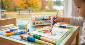 Illustration of mess-free, washable art supplies for kids, perfect for Canadian parents looking for easy-clean creative play.
