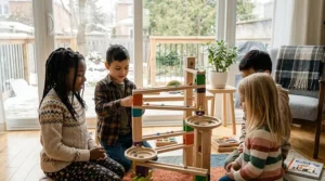 Children building a complex marble run inside a cozy Canadian living room during winter.