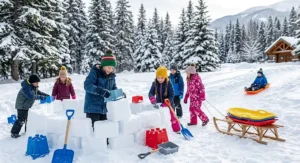 Children using durable snow fort building kits and colorful sleds in a snowy Canadian park.