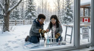 Illustration of a "States of Matter" experiment using a chemistry set for kids to observe ice melting and boiling in a Canadian winter context.