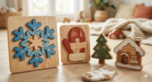 A 4K photorealistic photograph capturing four distinct, chunky wooden shape puzzles for toddlers set on a textured light wood surface, illuminated by natural daylight from a large window. The puzzles feature detailed, smooth-edged wooden pieces in the shapes of a complex blue snowflake, a red and cream knitted mitten, a fir tree with small snowflake cutouts, and a snow-covered house.