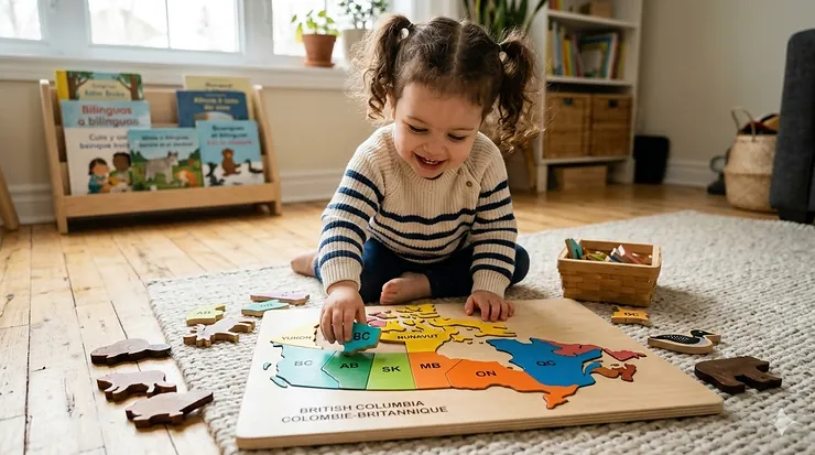 A photorealistic image of a joyful Canadian toddler with pigtails solving a detailed wooden map of Canada puzzle on a textured rug in a sunlit living room. The puzzle pieces feature bilingual English and French province names, and the girl is placing the green "BC" piece into the map.