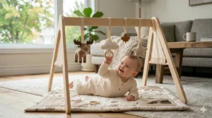 Illustration showing a baby reaching for hanging toys on a play gym to support motor skill development.