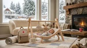Flat-lay illustration of a portable baby activity gym with a Play / Jouer bilingual tag visible on the soft mat.