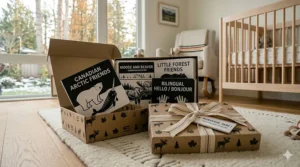 A curated set of black and white baby books, a popular choice for Canadian baby shower gifts and registries.