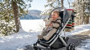 A baby in a stroller holding a lovey security blanket while enjoying a walk in a Canadian provincial park.