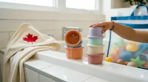 A comparison diagram showing standard squeezed toys with trapped water versus easy-to-clean mold free bath toys.