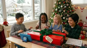 A wrapped kids piano keyboard gift under a decorated tree, a popular holiday present for children in Canada. Un clavier de piano pour enfants emballé sous le sapin, un cadeau de Noël populaire.