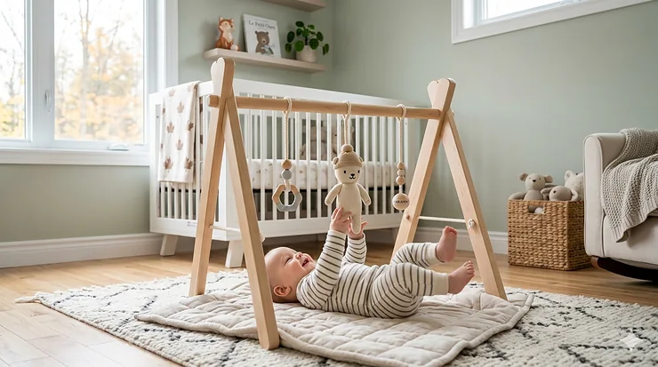 A handcrafted wooden baby gym with hanging silicone toys in a bright, modern Canadian nursery with pine accents.
