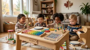 A group of diverse toddlers interacting with a high-detail, photorealistic wooden baby musical activity table featuring separate English and French text labels.