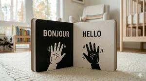 Black and white baby book page featuring high-contrast shapes with English and French labels like "Bonjour" and "Hello."