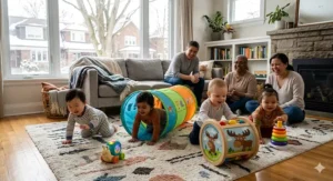 An interactive toy for Canadian babies featuring English and French audio to encourage crawling and language skills.