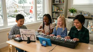 Close-up of a kids piano keyboard interface with bilingual English and French labels for Canadian music learners. Interface de clavier de piano bilingue avec commandes en anglais et en français.