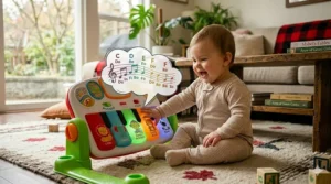 A graphic highlighting the bilingual English and French musical settings on a baby piano toy, perfect for Canadian families.
