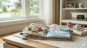 English-French bilingual crinkle book, an essential sensory toy for 0-6 months in Canadian households.