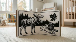 High-contrast illustration of a moose and beaver from a black and white baby book for Canadian infants.