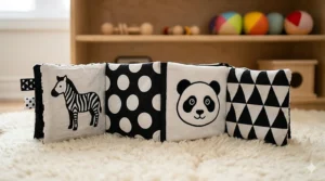 High-contrast black and white fabric book for infant tummy time, a foundational Montessori sensory toy.