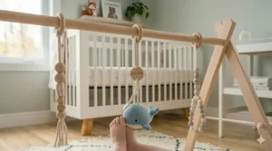 A cozy Canadian-themed nursery featuring a wooden baby gym on a soft sheepskin rug.
