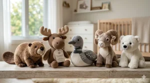 Soft plush toys inspired by Canadian wildlife like moose and beavers for infants.