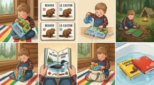 An illustration of a baby teething on indestructible baby books, highlighting the non-toxic and durable material.