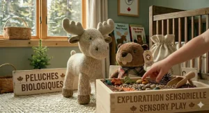 A whimsical illustration featuring organic stuffed animals within a Canadian boreal forest setting, symbolizing sustainability.