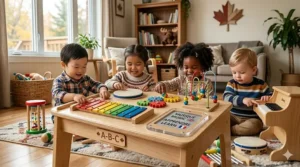 A sustainable wooden drum set for babies with maple wood shells and primary-colored bands, shown being played by toddlers in a cozy room.
