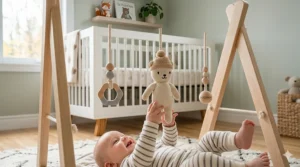 Eco-friendly wooden baby gym packaging featuring English and French text, highlighting FSC-certified materials.
