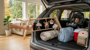 An illustration of a foldable portable baby activity gym being tucked into a car trunk for a Canadian family road trip.