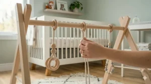Space-saving foldable wooden baby gym, ideal for urban condos in Toronto or Vancouver.