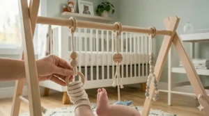 Gender-neutral wooden baby gym in a minimalist nursery setting with soft grey and cream tones.