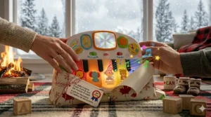 A beautifully wrapped baby piano toy, suggested as a top-rated gift for 6-month-olds in the Canadian market.