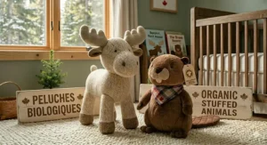 Graphic illustration showing the GOTS organic certification seal on a range of non-toxic plush toys for Canadian babies.