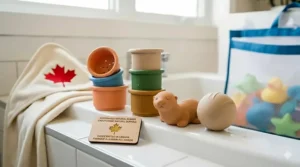 Step-by-step graphic showing how to air-dry dishwasher-safe bath toys to ensure they remain mold-free.